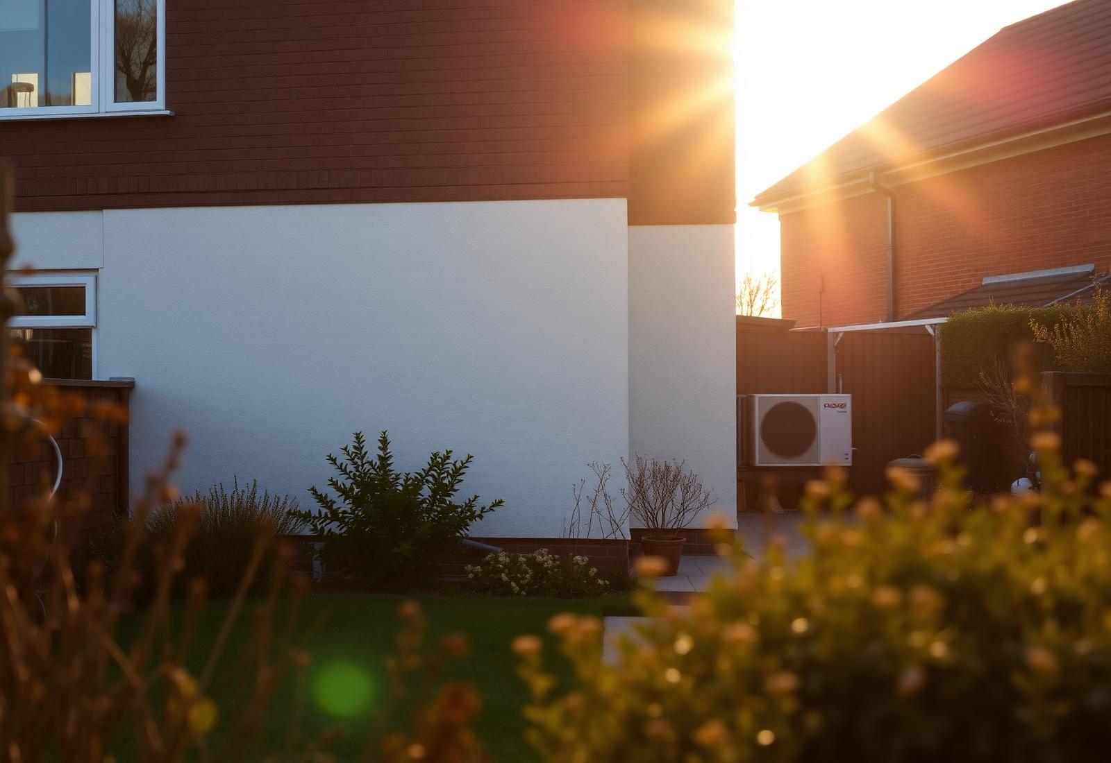A British home with new wall insulation and an air source heat pump in the garden